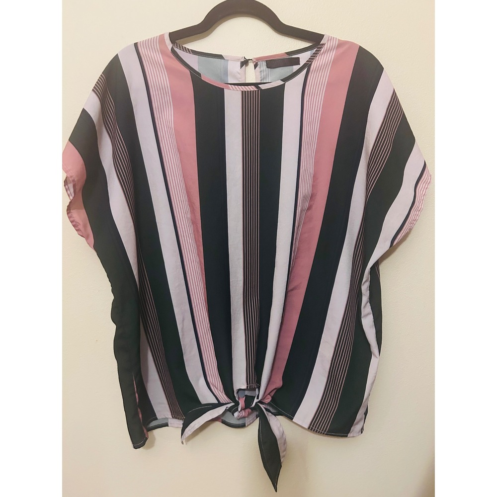 Striped Blouse Women Small Pink Navy White Excellent Front Tie Top